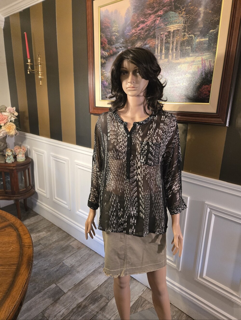 Express Black Semi-Sheer Patterned Button-Front Blouse Y2k